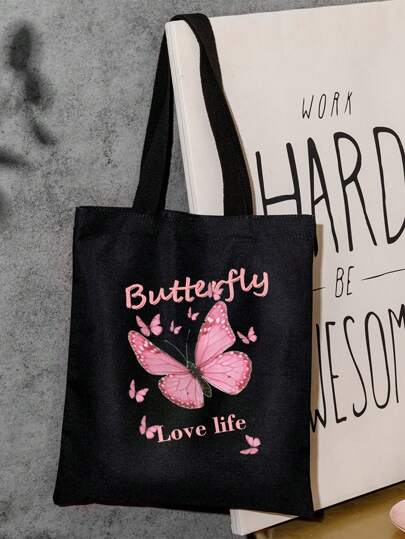 Butterfly & Letter Graphic Shopper Bag School Bag,Back To School,Large Capacity,Portable,Foldable,Classic Casual, Suitable For Teen Girls Women College Students, Perfect For Back To School,College,Elementary School,Middle School, High School,Shopping,Holiday, Butterfly Bag Valentines, Literary School Bag & Book Bag For Women Or Students, Perfect For Books, Shopping, Back To School And More ,Vacation Essentials