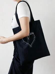 Bolsa de compras con diseño de corazón y letra, bolsa escolar de gran capacidad, estilo clásico y casual, plegable y portátil, adecuada para adolescentes, mujeres y estudiantes universitarios, perfecta para volver a la escuela, ir de compras, escuela secundaria y universidad, Día de San Valentín - Negro - Ver 2