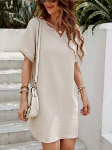 SHEIN LUNE Vestido túnico de cuello de muesca de manga murciélago - Albaricoque - Ver 1