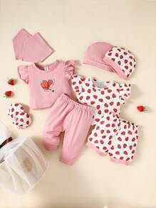 SHEIN Baby 2pcs Strawberry Print Ruffle Trim Tee & 1pc Pants & 1pc Shorts & 2pcs Hat & 2pcs Bib - Multicolor - View 1