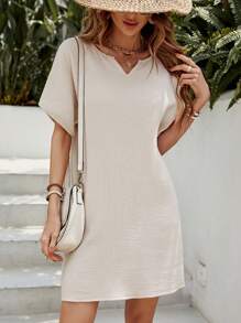 SHEIN LUNE Vestido túnico de cuello de muesca de manga murciélago - Albaricoque - Ver 3