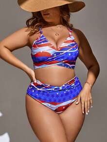 SHEIN Swim Curve 加大码星形美国国旗印花裹胸式文胸和比基尼泳裤比基尼 7 月 4 日比基尼套装 适合夏季海滩 - 彩色 - 查看 4