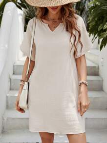 SHEIN LUNE Vestido túnico de cuello de muesca de manga murciélago - Albaricoque - Ver 5