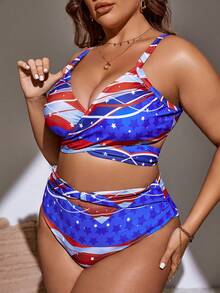 SHEIN Swim Curve 加大码星形美国国旗印花裹胸式文胸和比基尼泳裤比基尼 7 月 4 日比基尼套装 适合夏季海滩 - 彩色 - 查看 5