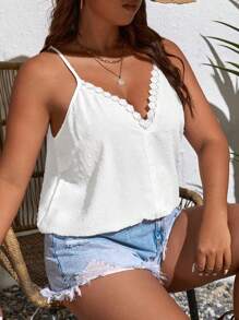 SHEIN VCAY 大碼圓點鏤空蕾絲花邊吊帶上衣 - 白色 - 查看 5