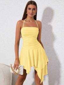 PARTHEA Vestido halter fruncido bajo asimétrico - Amarillo - Ver 1