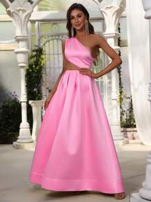 One Shoulder Cut Out Waist Satin Dress - Pink - View 1