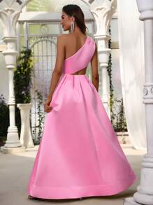 One Shoulder Cut Out Waist Satin Dress - Pink - View 2