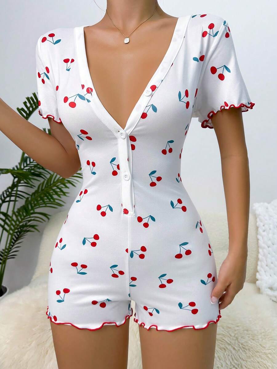 رومبير نوم بطباعة كرز مقلم نمط نبات الخس أزرار أمامية - أبيض - مشاهدة 1