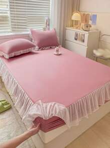 1pc Pink Fitted Sheet, Modern Fabric Ruffle Trim Fitted Bottom Sheet For Bedroom - Multicolor - View 1