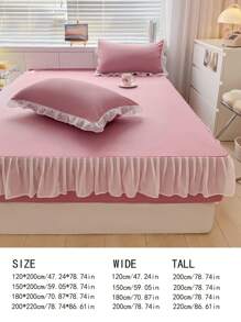 1pc Pink Fitted Sheet, Modern Fabric Ruffle Trim Fitted Bottom Sheet For Bedroom - Multicolor - View 2