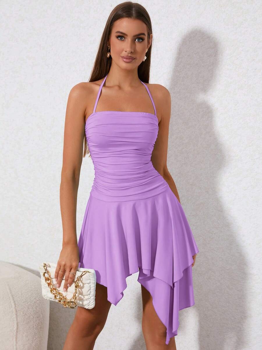 PARTHEA Halter Ruched Asymmetrical Hem Dress - Purple - View 1