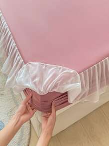1pc Pink Fitted Sheet, Modern Fabric Ruffle Trim Fitted Bottom Sheet For Bedroom - Multicolor - View 3
