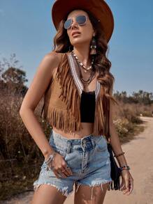 RELISH NOLESS Woman Spring Summer Outfits Country Concert Casual Vacation Western Wear Boho Suede Fringe Vest - Camel - View 6