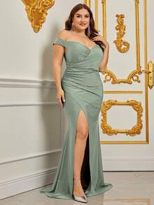 Plus Size Women Off-Shoulder Ruched High Slit Formal Elegant Bridesmaid Dress - Green - View 6