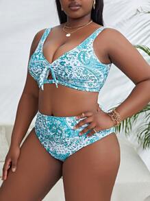 SHEIN Swim Curve Set de bikini cu noduri în față cu imprimeu cachetele de mărime Plus, plajă de vară