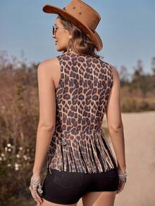 RELISH NOLESS 豹紋印花流蘇下擺仿麂皮夾克背心不附吊帶上衣 - 彩色 - 查看 2