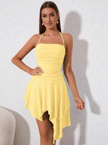 PARTHEA Vestido halter fruncido bajo asimétrico - Amarillo - Ver 5