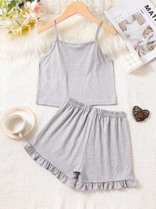 Girls Eyelash & Slogan Graphic Ruffle Hem PJ Set - Grey - View 2