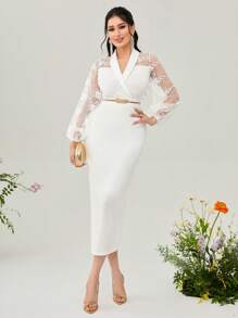 Modelyn Contrast Mesh Lantern Sleeve Split Back Bodycon Dress Without Belt Long Evening Dresses