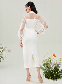 Modelyn Contrast Mesh Lantern Sleeve Split Back Bodycon Dress Without Belt Long Evening Dresses
