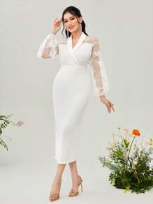 Modelyn Contrast Mesh Lantern Sleeve Split Back Bodycon Dress Without Belt Long Evening Dresses