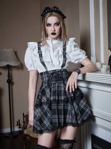 ROMWE Goth 格紋印花繫帶蕾絲拼接荷葉邊背带半身裙 - 彩色 - 查看 1