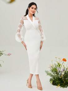 Modelyn Contrast Mesh Lantern Sleeve Split Back Bodycon Dress Without Belt Long Evening Dresses