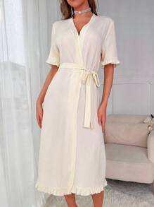 素色附腰帶睡袍 - 米色 - 查看 4