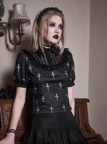 Goth Áo thun nữ Tương phản ren viền lá sen Tất cả trên in Giải trí - màu đen - Xem 1