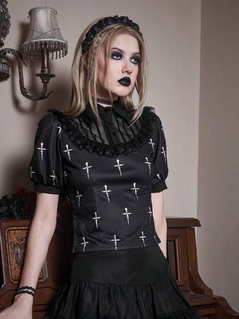 Goth Cross Print Contrast Lace Tee
