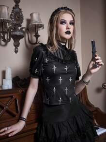 Goth Áo thun nữ Tương phản ren viền lá sen Tất cả trên in Giải trí - màu đen - Xem 3