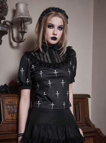 Goth Áo thun nữ Tương phản ren viền lá sen Tất cả trên in Giải trí - màu đen - Xem 6