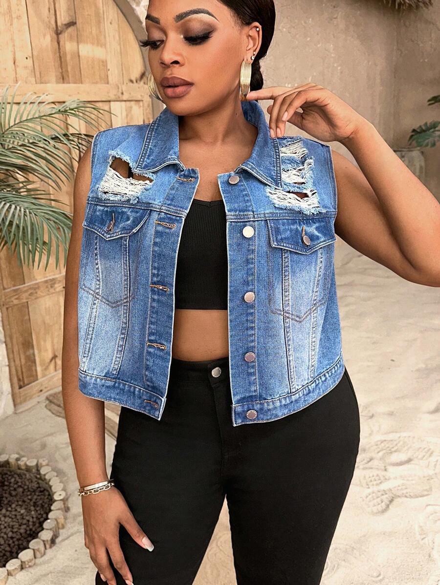 SHEIN SXY Plus Ripped Flap Pocket Vest Denim Jacket Without Cami Top - Light Wash - View 1
