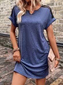 SHEIN LUNE Contrast Lace Notched Neckline Batwing Sleeve Tee Dress - Navy Blue - View 1