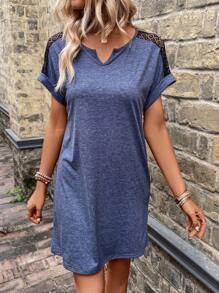 SHEIN LUNE Contrast Lace Notched Neckline Batwing Sleeve Tee Dress - Navy Blue - View 4