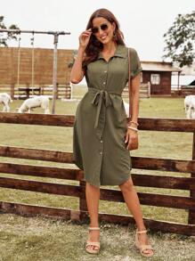 EMERY ROSE Solid Button Front Belted Shirt Dress