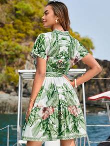 SHEIN VCAY Tropical Print Belted Dress - Green - View 2