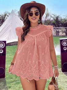 SHEIN LUNE 大碼網眼刺繡貝殼邊小高領荷葉邊襯衫 - 珊瑚粉 - 查看 3