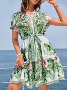 SHEIN VCAY Tropical Print Belted Dress - Green - View 5