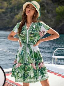 SHEIN VCAY Tropical Print Belted Dress - Green - View 6