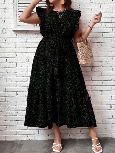 SHEIN Clasi 水玉柄ラッフルトリム ベルト付きマキシワンピース