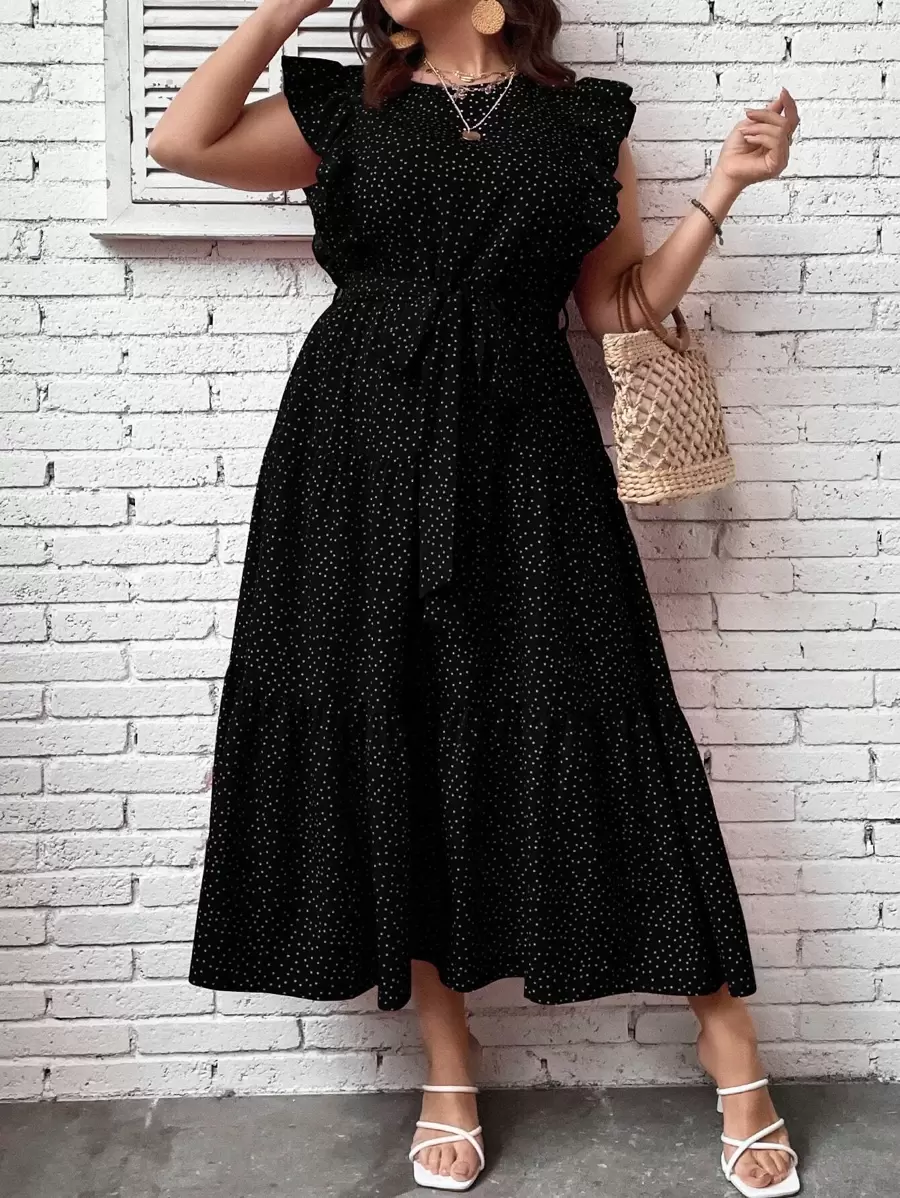 SHEIN Clasi Vestido largo con estampado de lunares, volantes y cinturón para mujer - Negro - Ver 1