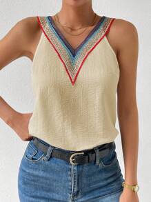 SHEIN LUNE 織帶拼接V領襯衫 - 杏色 - 查看 5