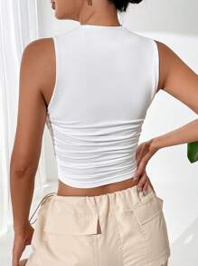 SHEIN EZwear 纯色褶饰短款白色休闲背心 - 白色 - 查看 2