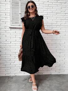 SHEIN Clasi Vestido largo con estampado de lunares, volantes y cinturón para mujer - Negro - Ver 5