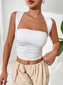 SHEIN EZwear 纯色褶饰短款白色休闲背心 - 白色 - 查看 5