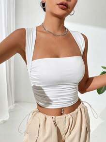 SHEIN EZwear 纯色褶饰短款白色休闲背心 - 白色 - 查看 6