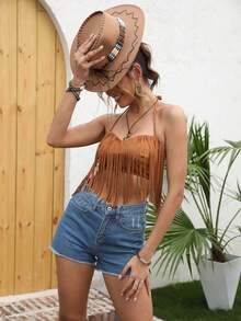 RELISH NOLESS Áo khoác và áo lót dành cho xe tăng nữ Lộ Lưng mép Buộc lại màu trơn Boho - Lạc đà - Xem 5