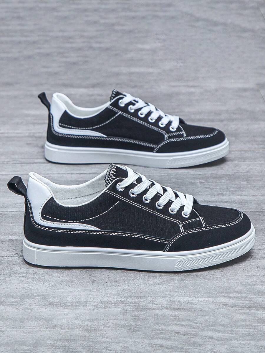 Men Canvas Lace-up Front Skate Shoes - Black - View 1